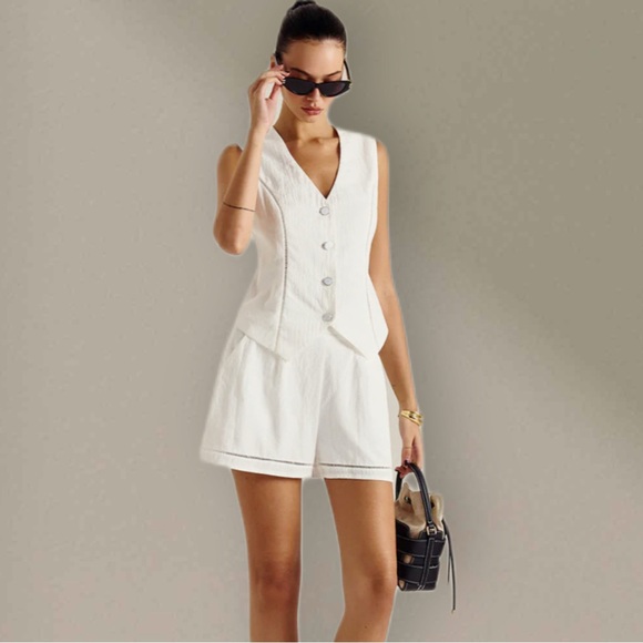 NWT Commense Black Cotton Button Detail Vest Top With Pockets Shorts Set Size L - Picture 4 of 8